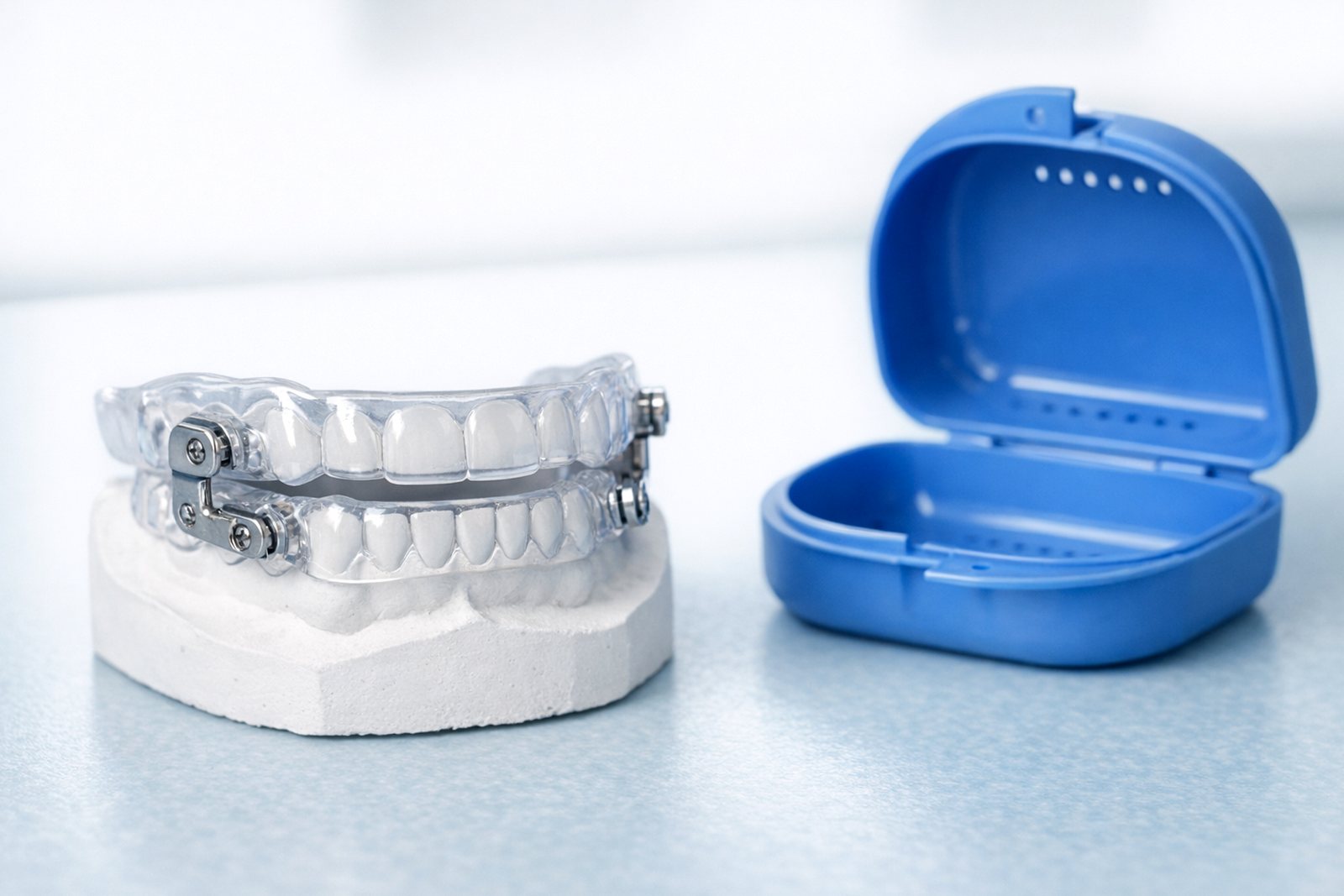 Clear two-piece snoring appliance on a dental model beside its blue storage case